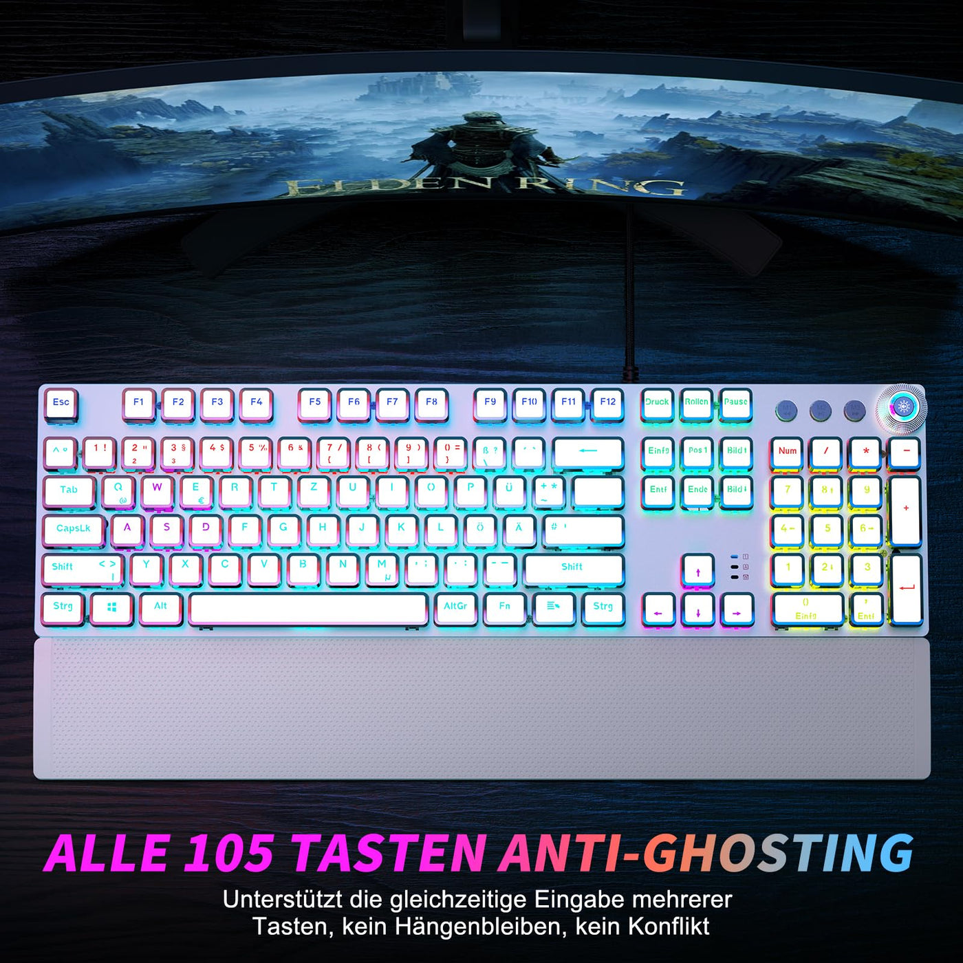 TECURS Gaming Tastatur Mechanische - Gamer Tastatur Programmierbare mit Magnetische Handgelenkauflage, Rote Schalter, 19 LED Modi, Multimedia-Tasten, PC Tastatur mit Kabel QWERTZ DE-Layout, Weiß