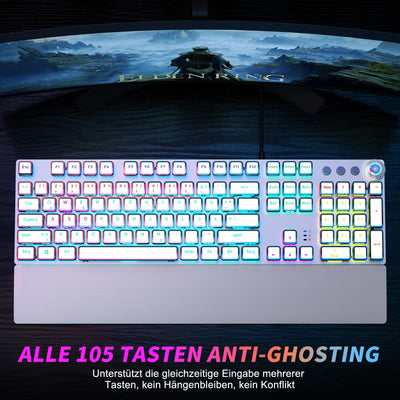 TECURS Gaming Tastatur Mechanische - Gamer Tastatur Programmierbare mit Magnetische Handgelenkauflage, Rote Schalter, 19 LED Modi, Multimedia-Tasten, PC Tastatur mit Kabel QWERTZ DE-Layout, Weiß