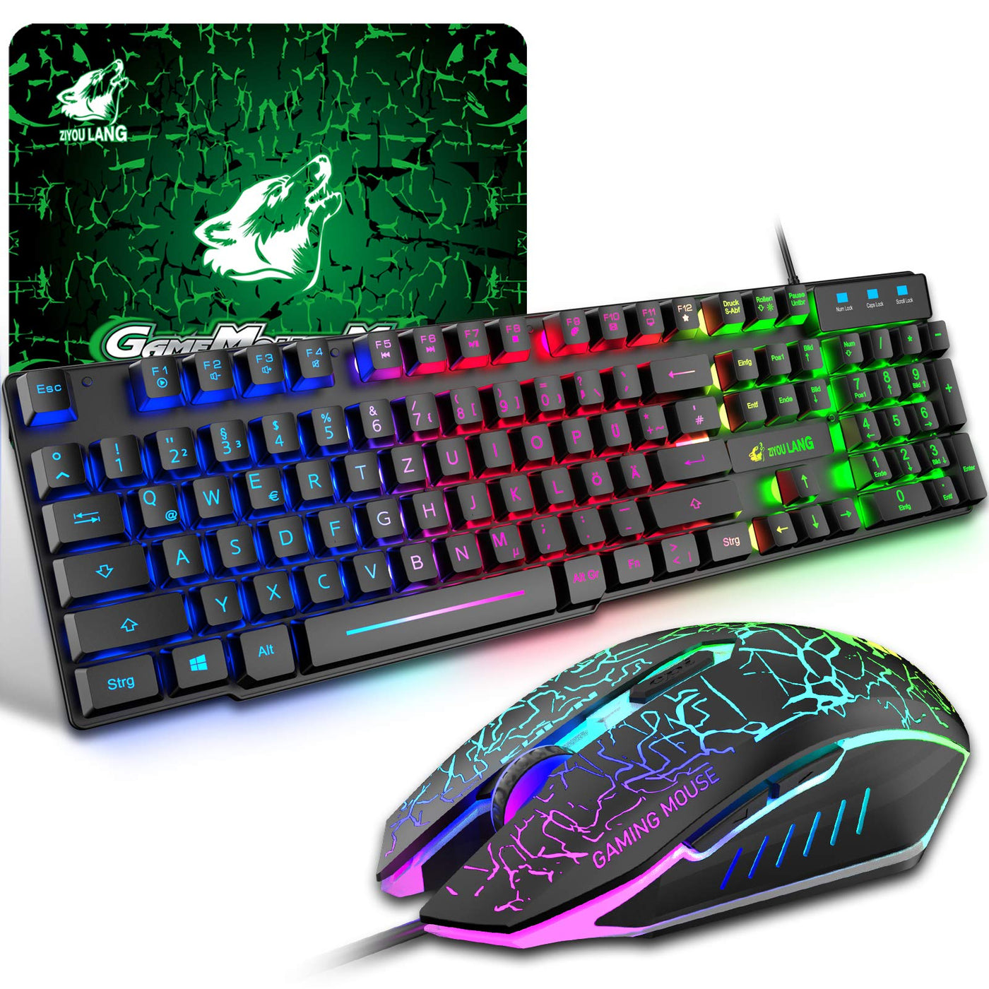 Gaming Tastatur Und Maus Set, QWERTZ German Layout Regenbogen LED Hintergrundbeleuchtung Ergonomische Keyboard 6 Tasten 2400 DPI Maus und Mauspad, USB Verkabelt, Kompatibel mit PS4 Xbox, Schwarz