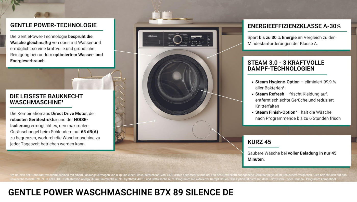 Bauknecht B7X 89 SILENCE DE Waschmaschine/Gentle-Power/Die leiseste Bauknecht Waschmaschine/A -30%/ Steam-Hygiene,-Refresh,-Finish/Volle Ladung 45Min./ Direct Drive-Motor/Vollwasserschutz