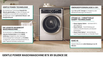 Bauknecht B7X 89 SILENCE DE Waschmaschine/Gentle-Power/Die leiseste Bauknecht Waschmaschine/A -30%/ Steam-Hygiene,-Refresh,-Finish/Volle Ladung 45Min./ Direct Drive-Motor/Vollwasserschutz