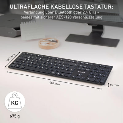 CHERRY KW 9100 SLIM, Kabellose Design-Tastatur, Deutsches Layout (QWERTZ), Wahlweise Bluetooth oder 2,4 GHz Funk, Flache Tasten, Wiederaufladbar, Schwarz-Grau