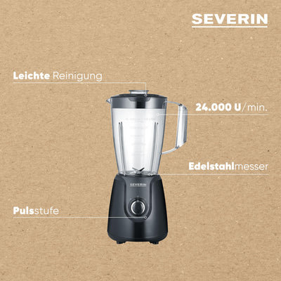 SEVERIN Standmixer mit 1,5 L Mixbehälter aus Tritan, Mixer mit 2 Stufen und Pulse-Funktion, leistungsstarker Küchenmixer mit Edelstahlmesser, 600 W, Schwarz, SM 3707