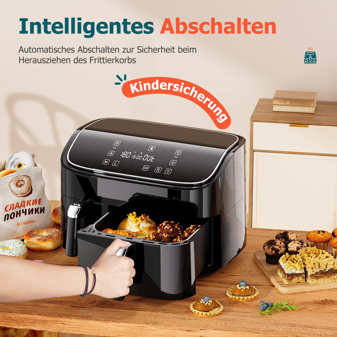 Dual Zone Heißluftfritteuse 2 kammern, Air fryer 9L Separate Antihaftbeschichtung, Airfryer 3L & 6L mit Sync-Finish Funktion, 6-in-1 Kochvorgaben, Touchscreen, Timer-Funktion, Gesunde Friteuse ohne Öl