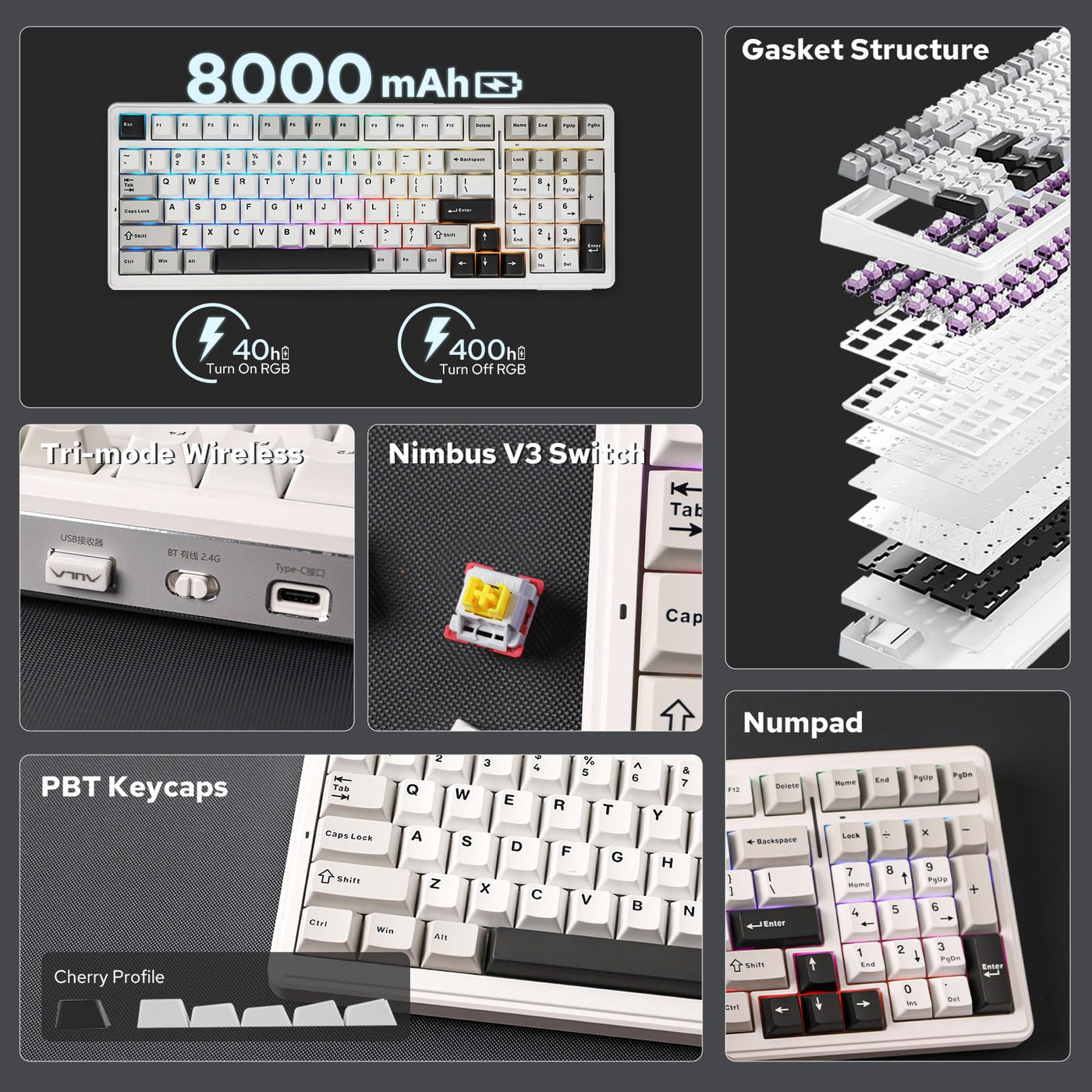 EPOMAKER x Aula F99 Kabellose mechanische Tastatur, Tastatur Gasket mit Hot-Swap, Polsterung, Bluetooth, 8000 mAh, NKRO, RGB, für Gaming/Win/Mac(F99 Grey, Nimbus Switch)