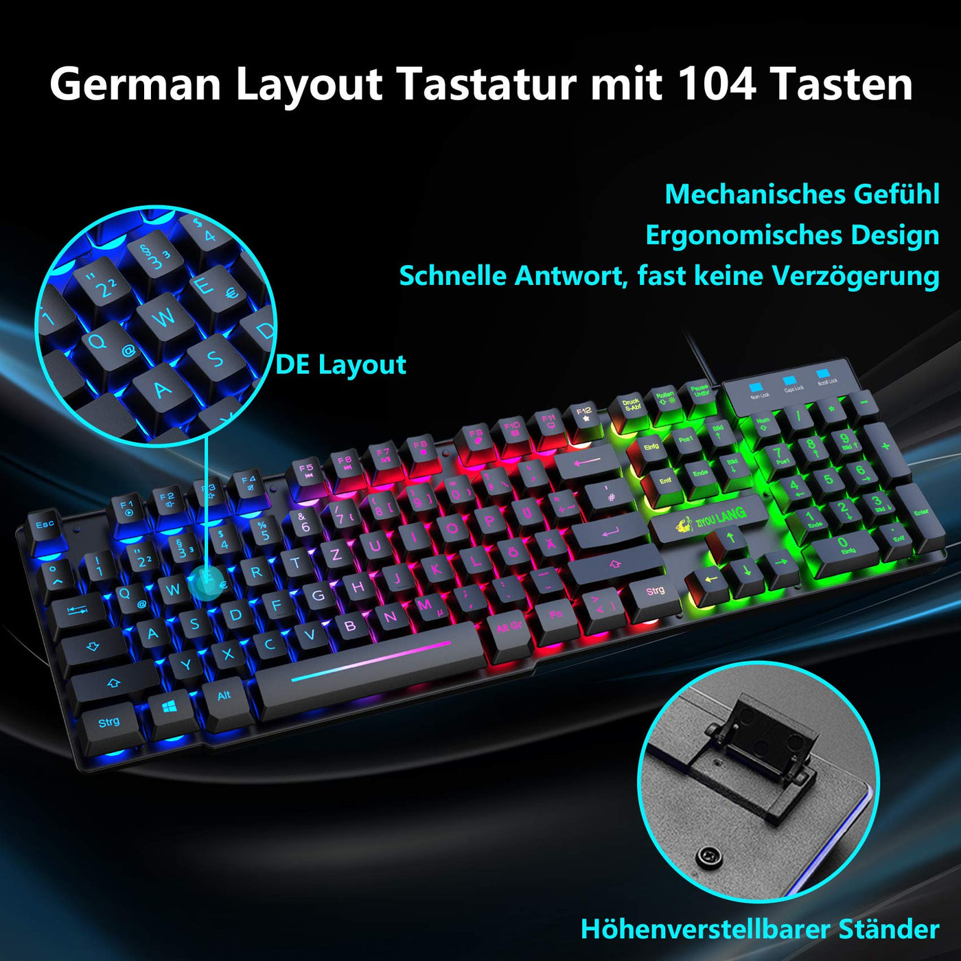 Gaming Tastatur Und Maus Set, QWERTZ German Layout Regenbogen LED Hintergrundbeleuchtung Ergonomische Keyboard 6 Tasten 2400 DPI Maus und Mauspad, USB Verkabelt, Kompatibel mit PS4 Xbox, Schwarz