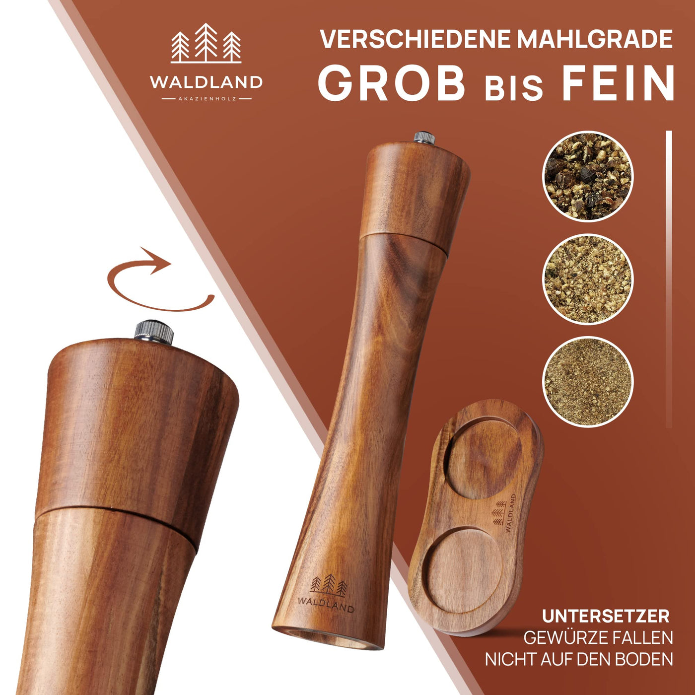 WALDLAND® Salz und Pfeffermühle aus Holz mit Untersetzer sehr Gross (25,5 cm) | Gewürzmühlen mit hochleistungs - Keramikmahlwerk | Pfeffer und Salzmühle Set