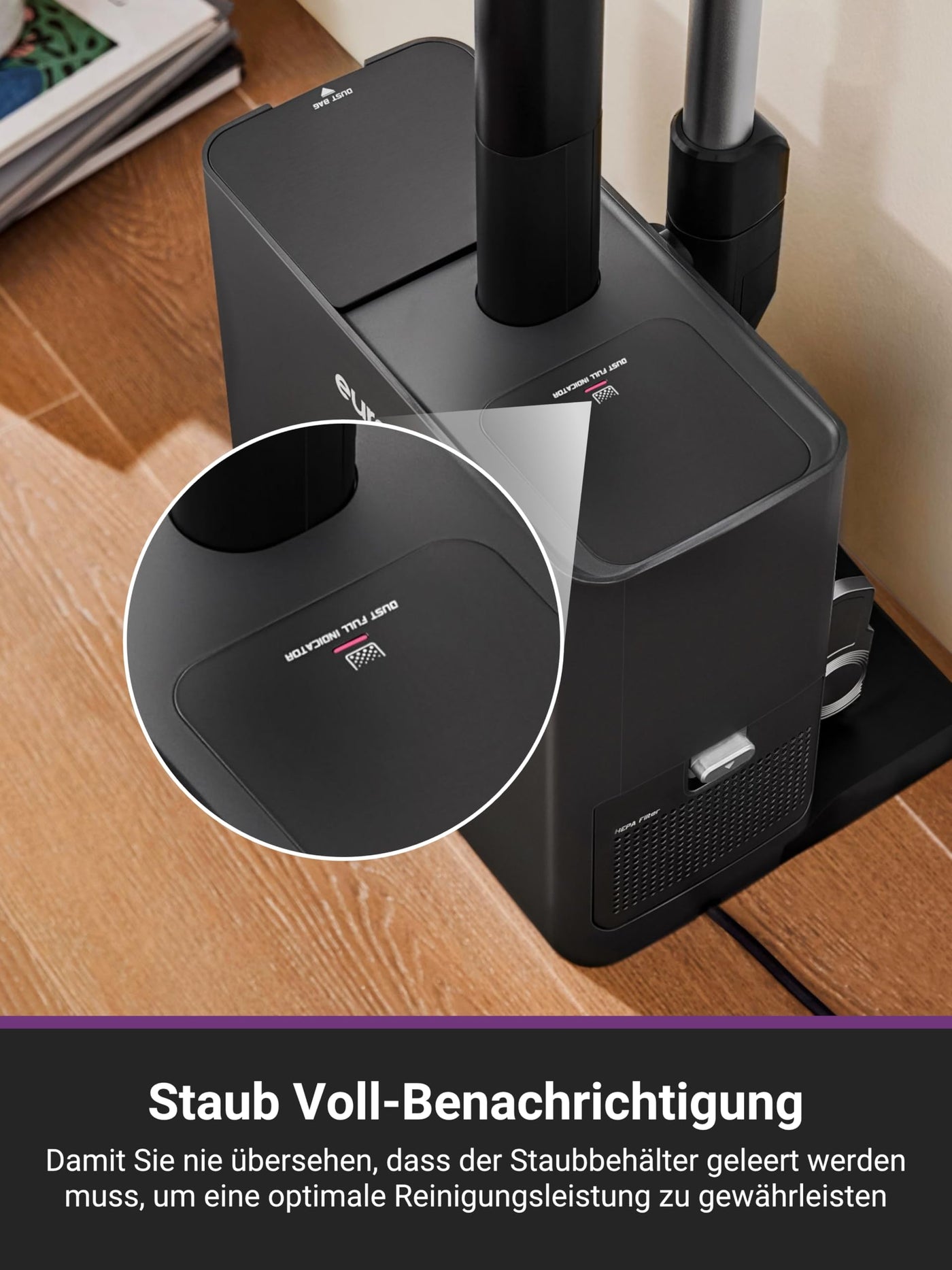 Eureka Stylus Elite Akku Staubsauger mit Absaugstation, 24000 Pa, Automatische Staubentleerung, 3L Staubbeutel, 60 Minuten Laufzeit, Anti-Verwicklungsbürste, LED-Scheinwerfer, Abnehmbarer Akku