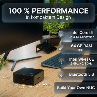 FutureNUC Pro Intel® Core-i5 12. Gen. • NUC 12 Pro Barebone • 8 Kerne, bis zu 4,4GHz • Thunderbolt 4 • WiFi 6E, BT 5.3 • Kein Speicher, kein Betriebssystem • Micro Desktop PC