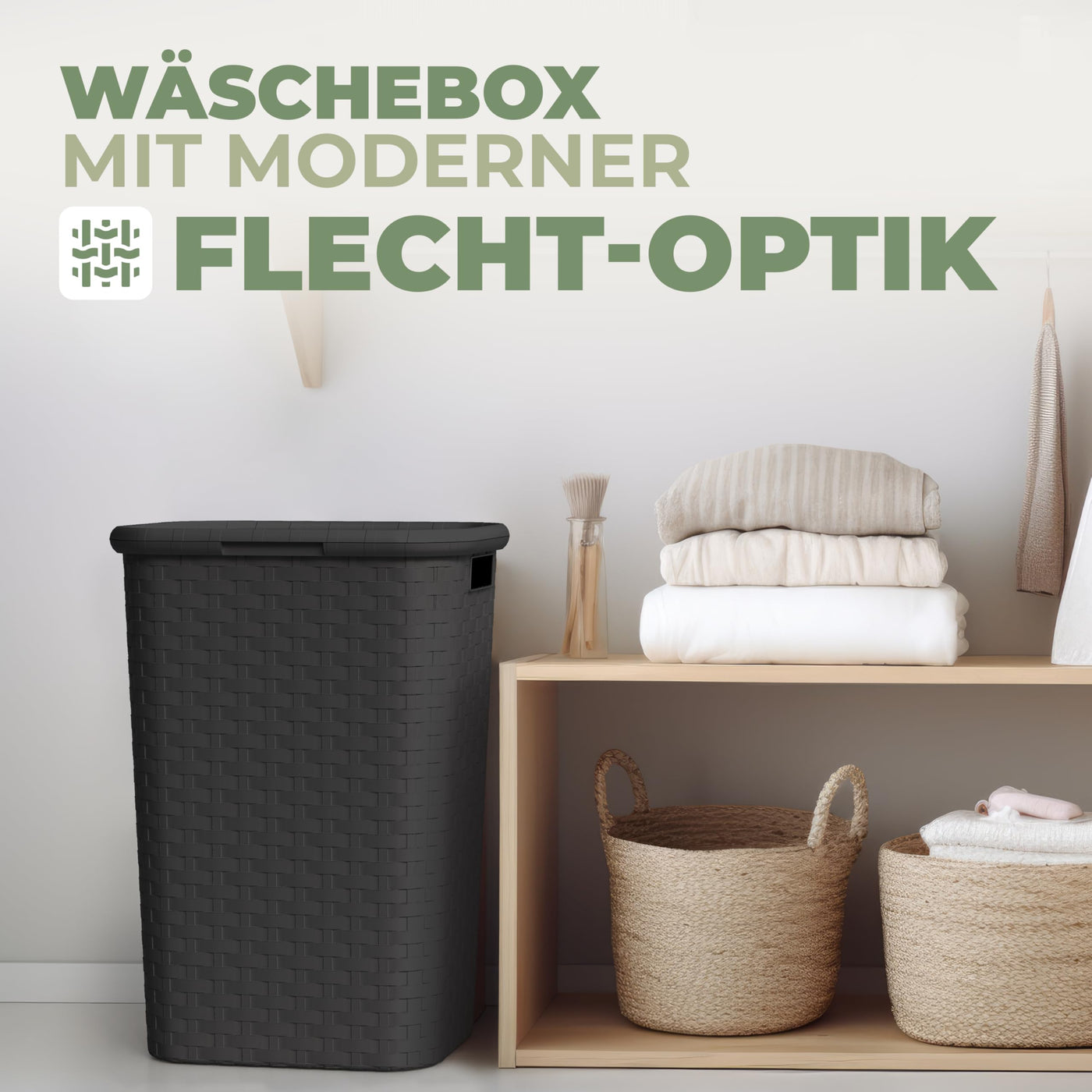 Wäschekorb mit Deckel Rattan - Wäschebox in Flechtoptik 65 L - Wäschesammler Kunststoff mit seitl. Griffen - Platzsparende Wäschesammelbox für Badezimmer & Wohnräume - Wäschetonne anthrazit