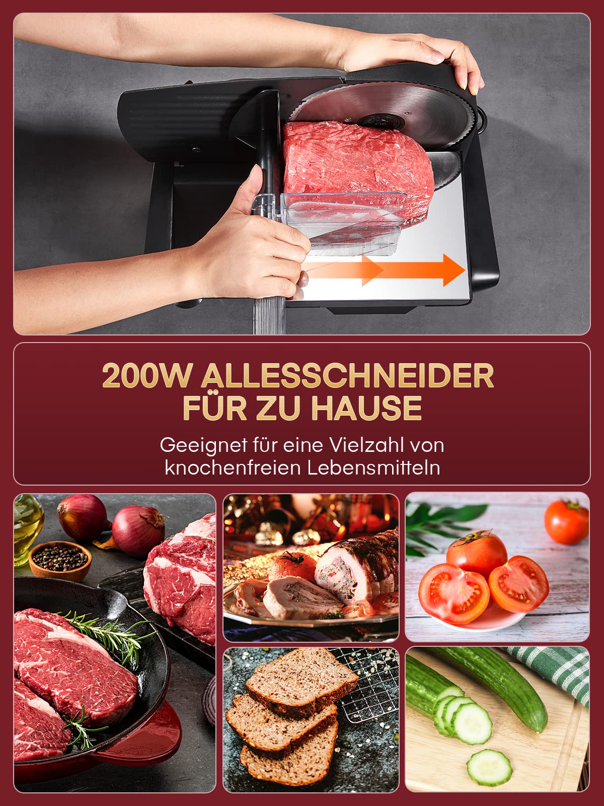 Allesschneider Elektrischer 200 Watt für den Heimgebrauch, Profi-Brotschneidemaschine mit Abnehmbarer 2 x 19 cm Klinge, 0–15 präziser Dickenknopf Schnitt Fleisch Schinken Brot Obst, Sicherheitsschutz