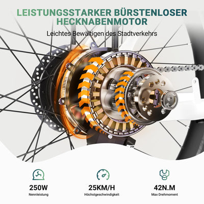 ESKUTE C100 E-Bike, 26 Zoll Elektrofahrrad, E-Cityrad 250W HeckMotor, 375Wh Wechselakku,bis zu 60km, LCD-Display, Tiefeinsteiger E-CityBike Für Damen und Herren Erwachsene Weiß