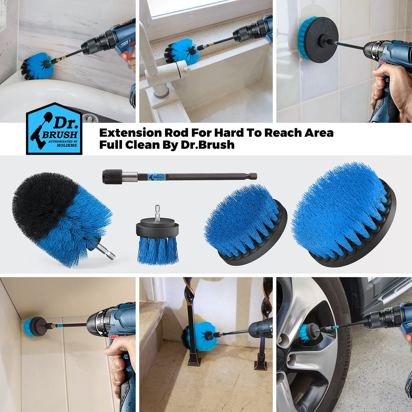 Holikme Bürstenaufsatz Bohrmaschine Set, 5 Stück Bürstenaufsatz Akkuschrauber Bürste Drill Brush, Leistungsstarke Bohrbürste Reinigungsbürste für Felgen/Fliesen/Küche/Böden/Auto/Badewanne, Blau
