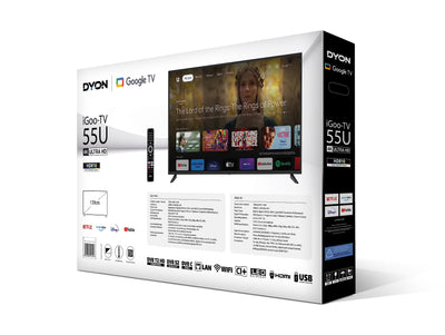 DYON iGoo-TV 55U 139cm (55 Zoll) Google TV (4K UHD, HD Triple Tuner, Prime Video, Netflix, Google Play Store für DAZN, Disney+, Apple TV+, Paramount+, waipu.tv UVM., Google Assistant) [Mod. 2023]