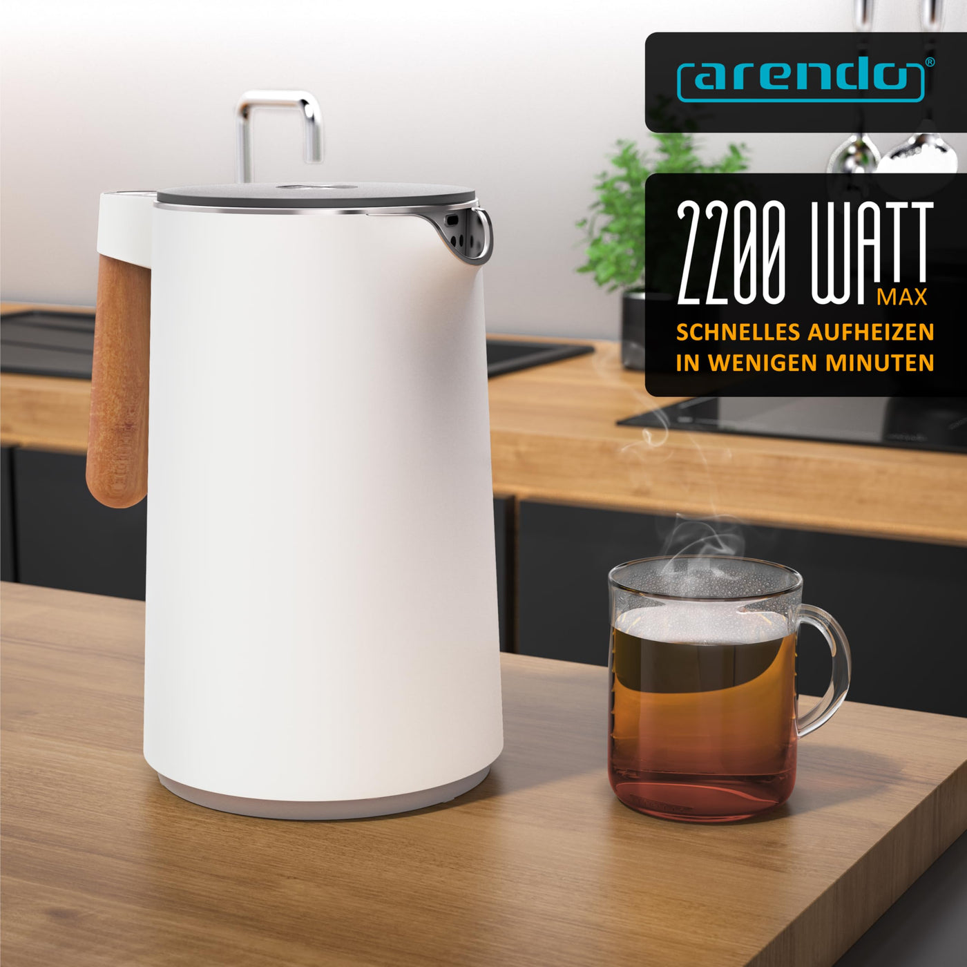 Arendo - Wasserkocher Edelstahl mit Temperatureinstellung - 45°C-100°C - 1.5 Liter - Doppelwand - BPA frei - Warmhaltefunktion - Teekocher mit Temperaturanzeige - Griff Cool Touch - weiß matt