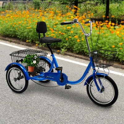 Dreirad für Erwachsene, 16 Zoll 3 Räder Fahrrad, Kohlenstoffstahl Erwachsenendreirad, Cruise Bikes mit Rücklicht & Klingel, Trike Bike für Männer und Frauen von 140-170cm, Max.150kg (Blau)