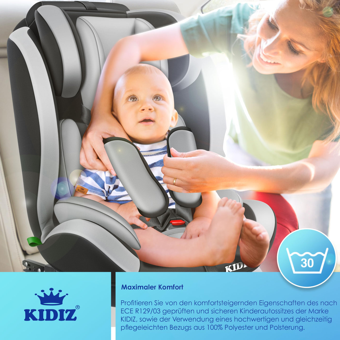 KIDIZ® Autokindersitz Kinderautositz mit Isofix Gruppe 1+2+3 9-36 kg 5-Punkt-Sicherheitsgurt, Autositz, Kindersitz, Einstellbare Kopfstütze | Mitwachsende Sitzerhöhung 1-12 Jahre, Stabil und Sicher