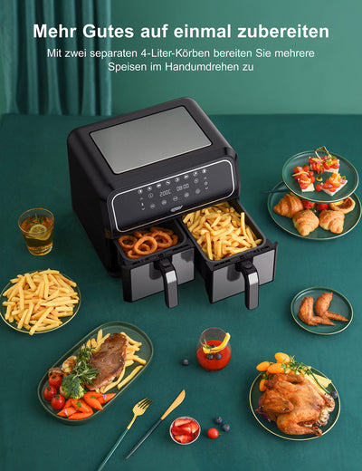 Innsky Dual Zone Heißluftfritteuse 2 Kammernr 8L, 8 Programmen Heissluftfritteuse Doppelt, Airfryer mit 2 Körben, Friteuse Heissluft ohne Öl, Dual Cook, Synchronisieren Fertig Technik, Shake-Modus