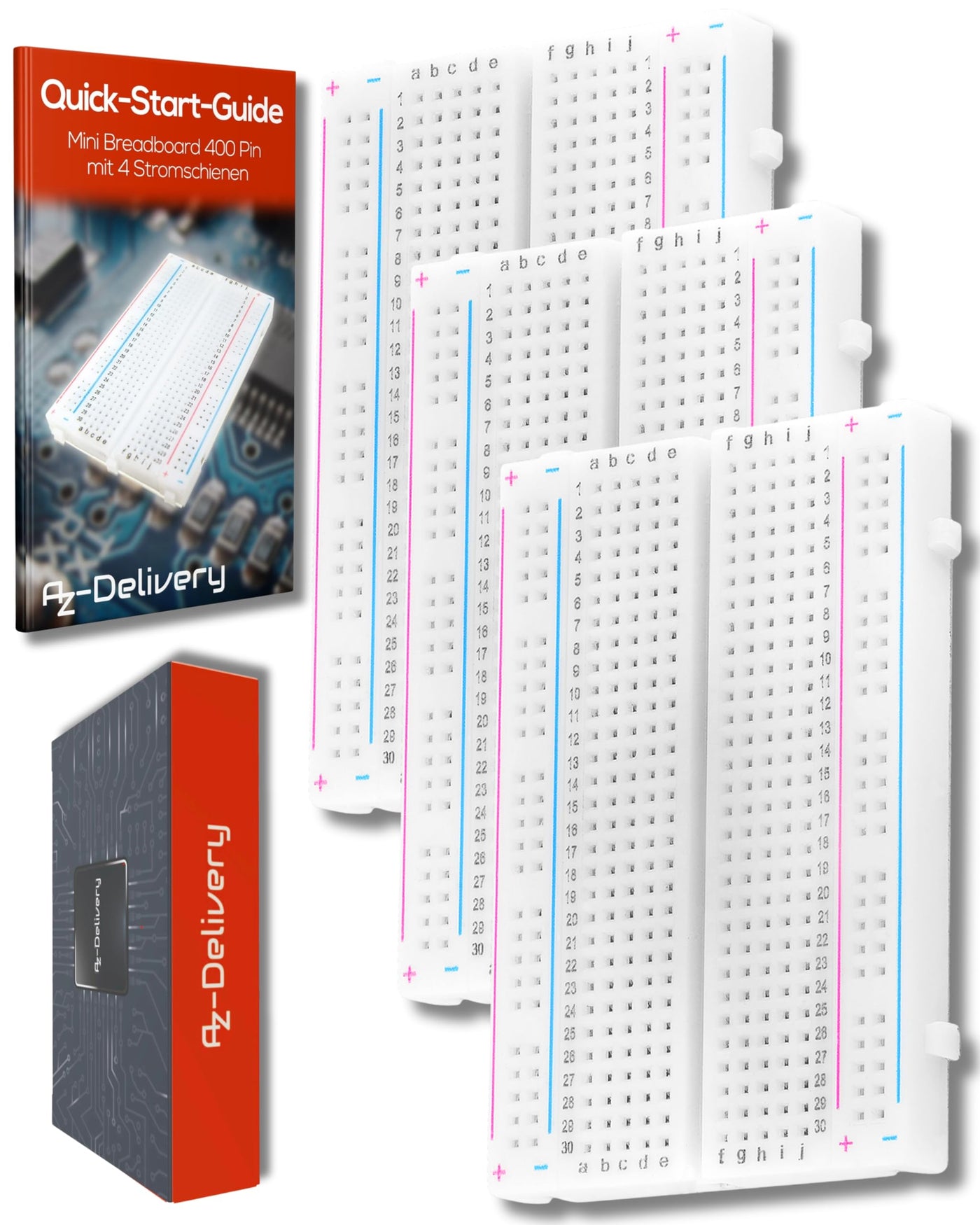 AZDelivery 3 x Mini Breadboard 400 Pin mit 4 Stromschienen kompatibel mit Arduino und Jumper Wire Kabeln