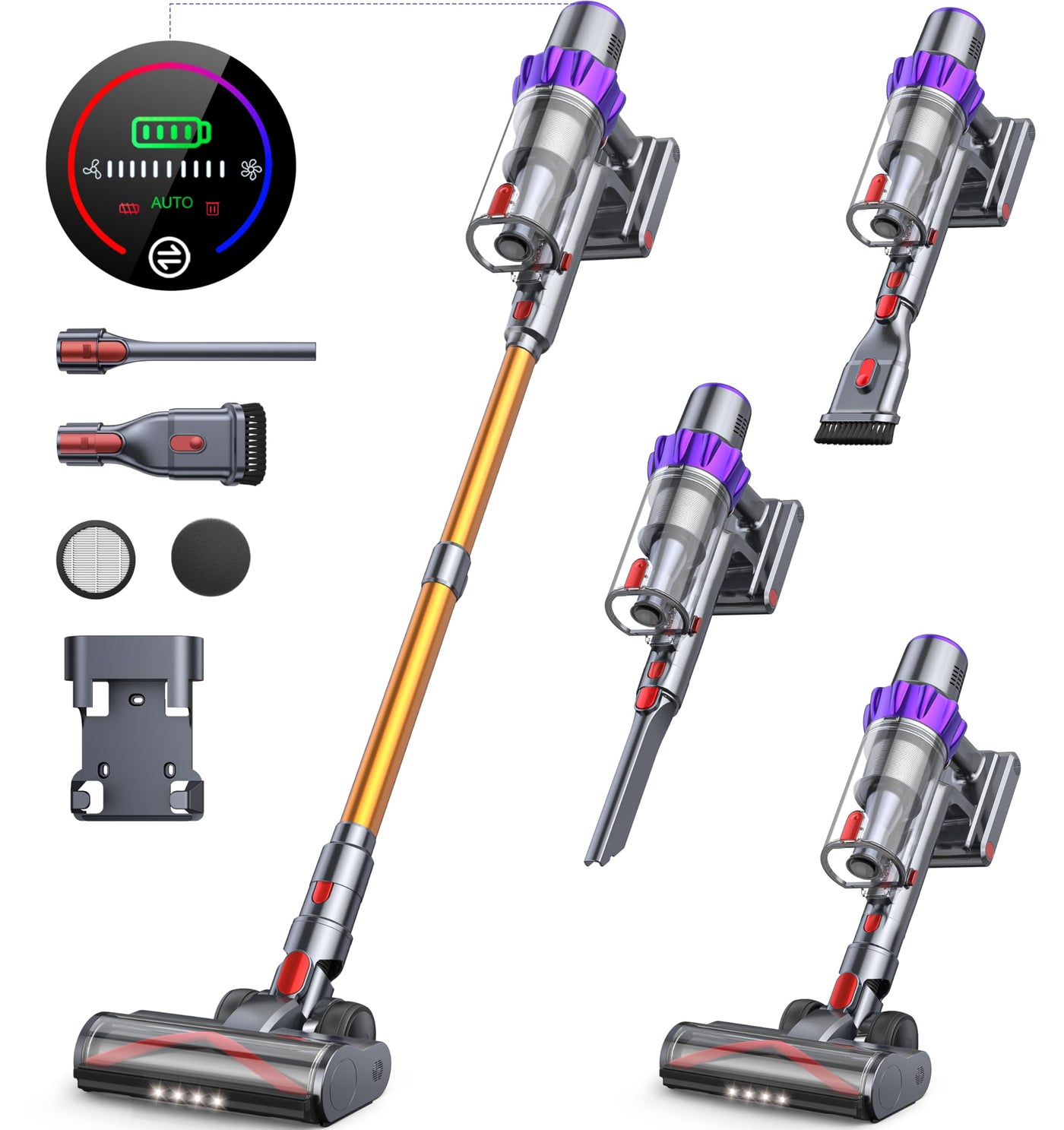 Akku Staubsauger Freistehend, 40KPA Staubsauger Kabellos mit Automatikmodus & Smart Touchscreen, Leichter Akkustaubsauger Bis zu 55 Min Laufzeit,Anti-Tangle-Staubsauger für Tierhaare,Teppich,Hartboden