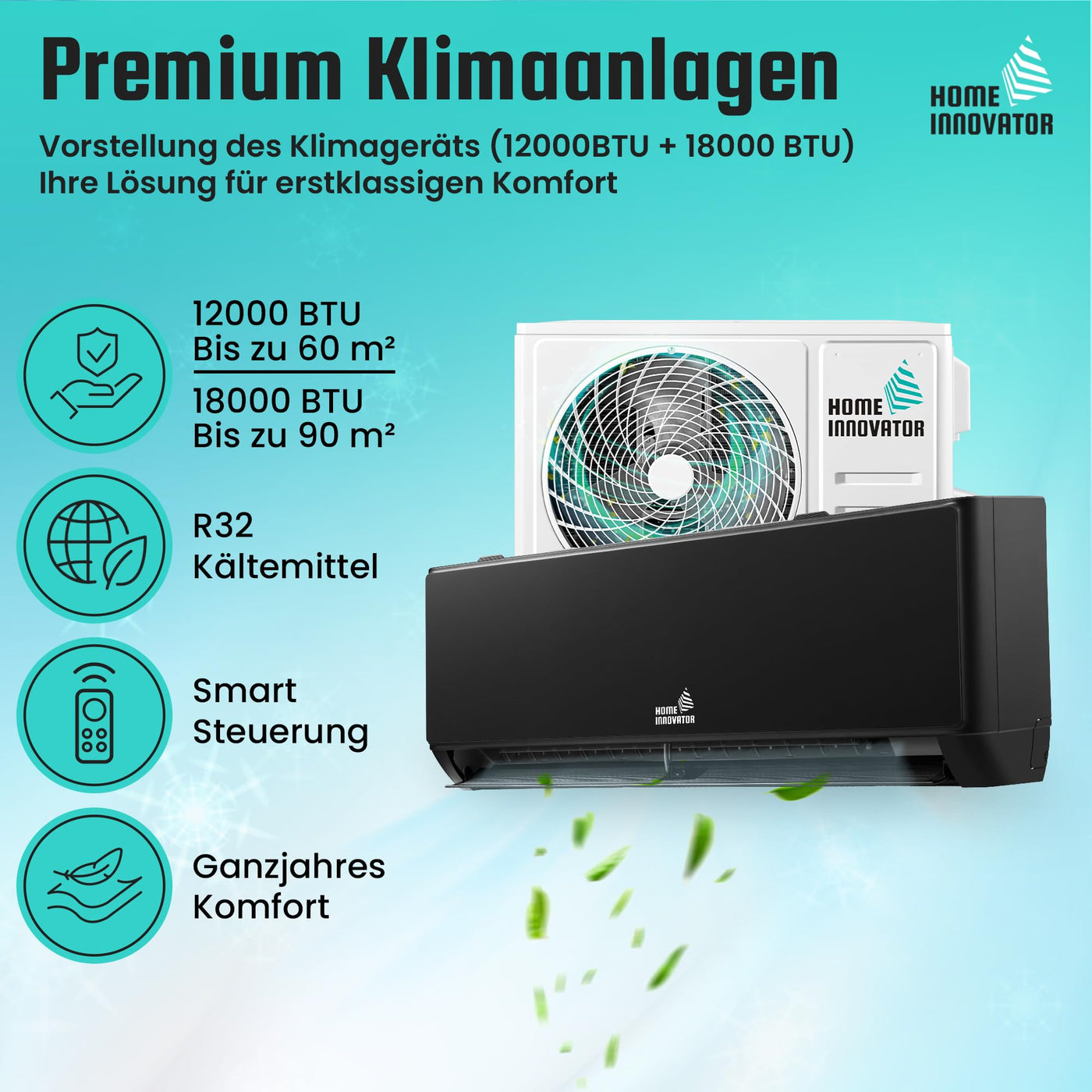 Homeinnovator Quick Connect 12000 BTU Split Klimaanlage und Heizung – energieeffiziente 230V- Klimaanlage mit komplettem Installationssatz – Inverter-Klimaanlage