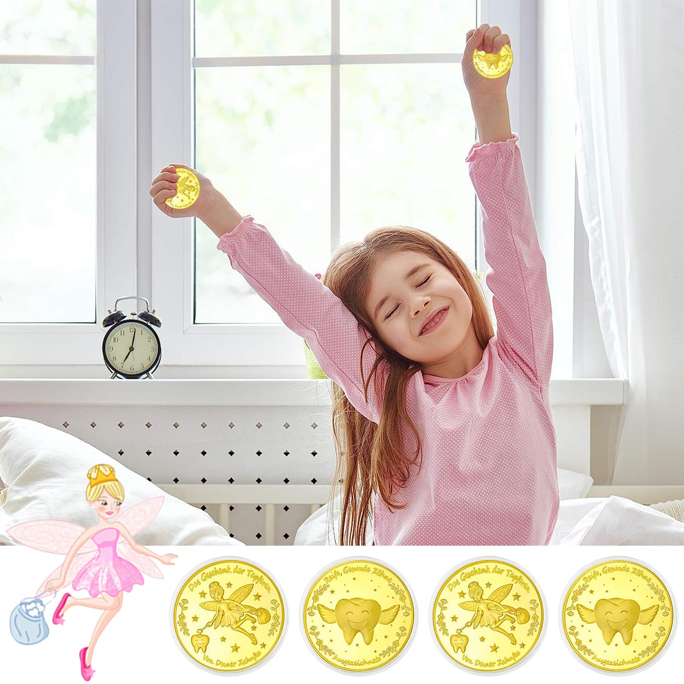 VEEKAY Zahnfee Münzen,10 Stück Zahnfee Goldtaler,Tooth Fairy Coins,Zahnfee Geschenk,Goldmünzen Kinder,Verlorenen Zahn Kinder Geschenke Souvenir,Gedenkmünze,Zahnfee Geschenke Ideen für Mädchen Junge