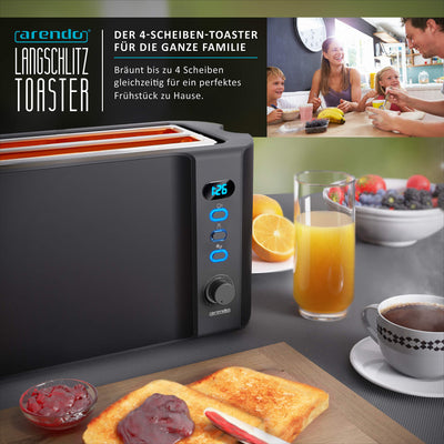 Arendo - Edelstahl Toaster Langschlitz 4 Scheiben - Defrost Funktion - wärmeisolierendes Gehäuse - mit integriertem Brötchenaufsatz - Krümelschublade - Display mit Restzeitanzeige - Schwarz Matt