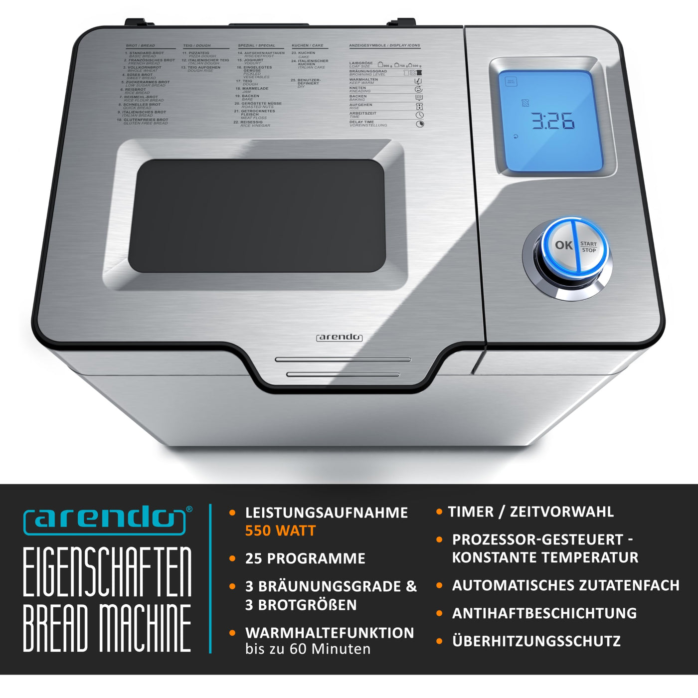 Arendo - Brotbackautomat inkl. automatisches Zutatenfach - Brotbackmaschine - 25 Programme - glutenfreies Backen – Joghurtfunktion - 1 kg Kapazität - Direktantrieb - Antihaftbeschichtung - BPA-frei