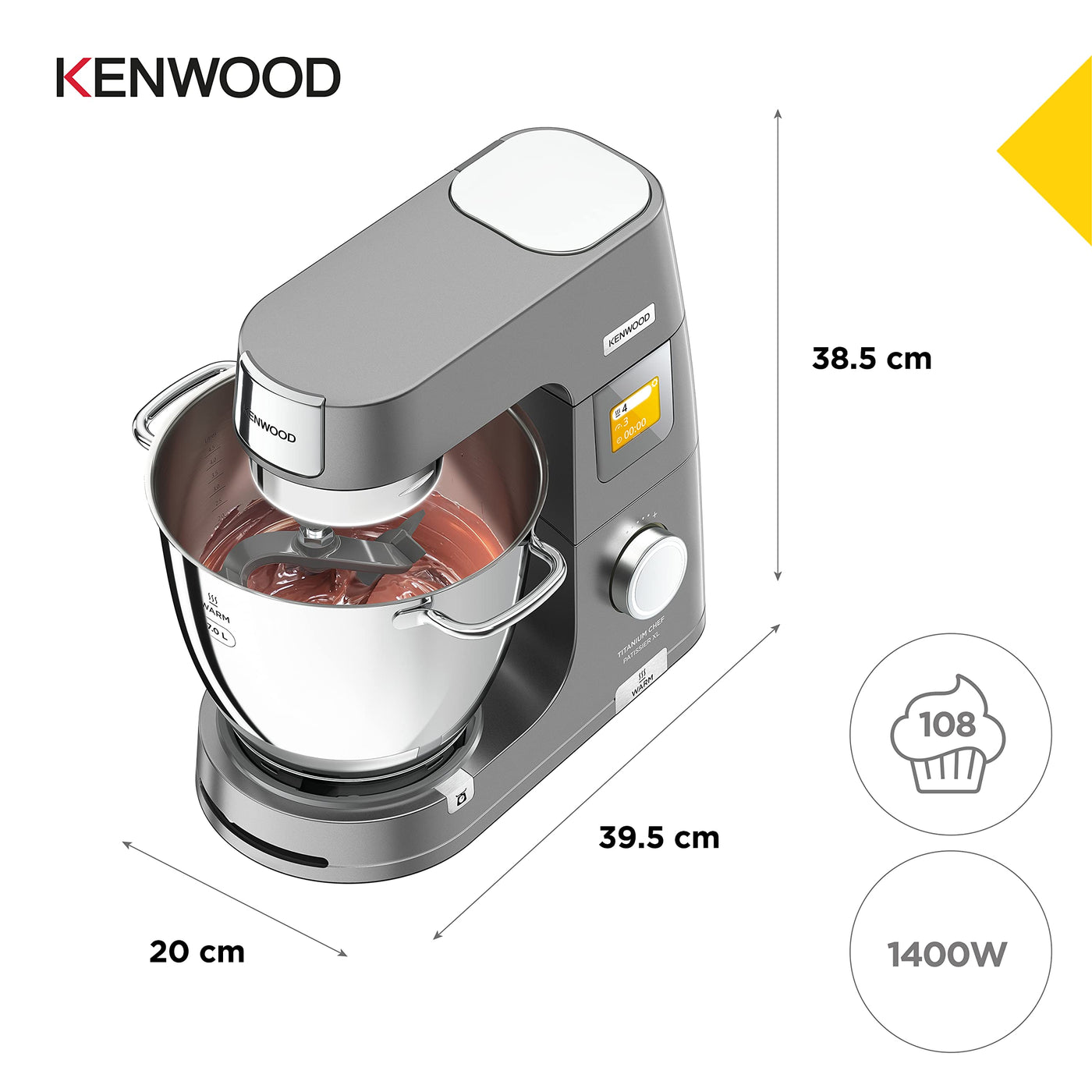 Kenwood Titanium Chef Patissier XL KWL90.034SI – Küchenmaschine mit integrierter Waage & 7 L Rührschüssel mit Wärmefunktion, 1400 Watt, inkl. 4-teiligem Patisserie-Set, silber