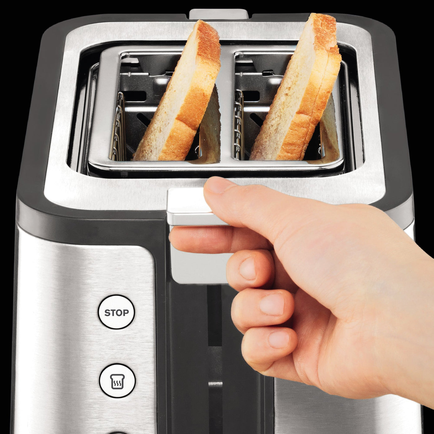 Krups KH442D Control Line Premium Toaster | Edelstahl | 2 kurze Schlitze für 2 Scheiben | Brötchenaufsatz | 6 Bräunungsgrade | 850 W | 23.6 x 32.4 x 20.2 cm | Silber/ Schwarz