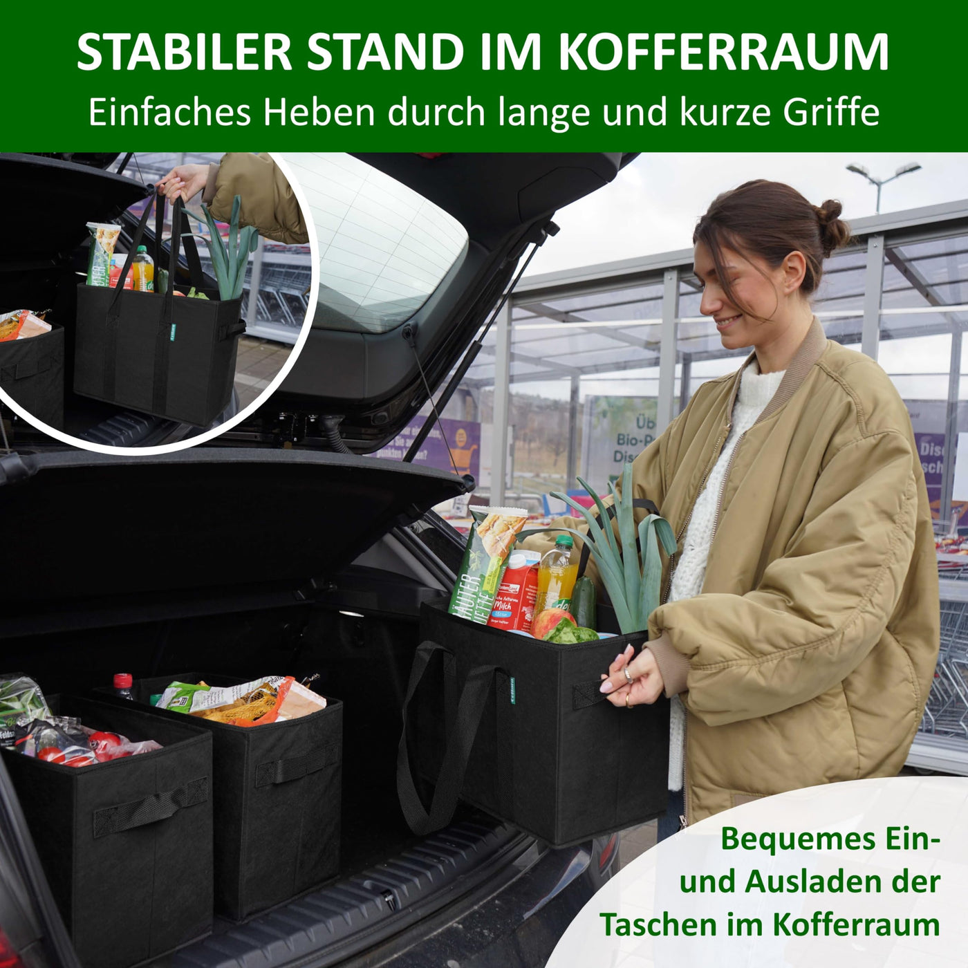 COTTARA® große Einkaufstasche faltbar 3er Pack & Obstnetz – stabiler großer Einkaufskorb faltbar mit verstärktem Boden – Ideale Einkaufstasche für Einkaufswagen & Kofferraum – 80 L Schwarz