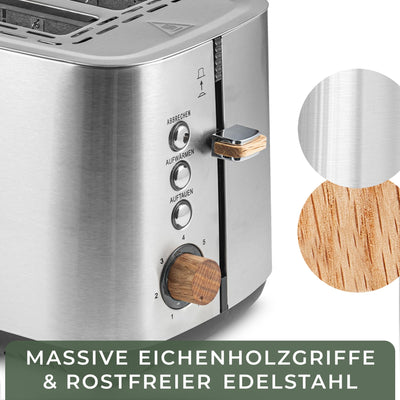 WALDWERK Design Toaster - aus 304 Edelstahl und Eichenholz - für 2 Scheiben - mit Brötchenaufsatz - mit extra breiten und tiefen Toastkammern - mit Krümelschublade