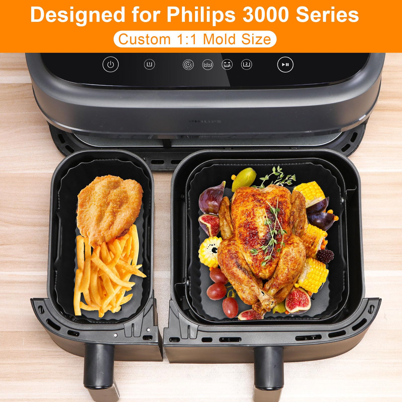 Airfryer Zubehör für Philips Dual Basket Airfryer 3000-Serie, 2 Stück wiederverwendbare Silikonformen für Philips Airfryer NA350/00, NA350/03, schwarz.