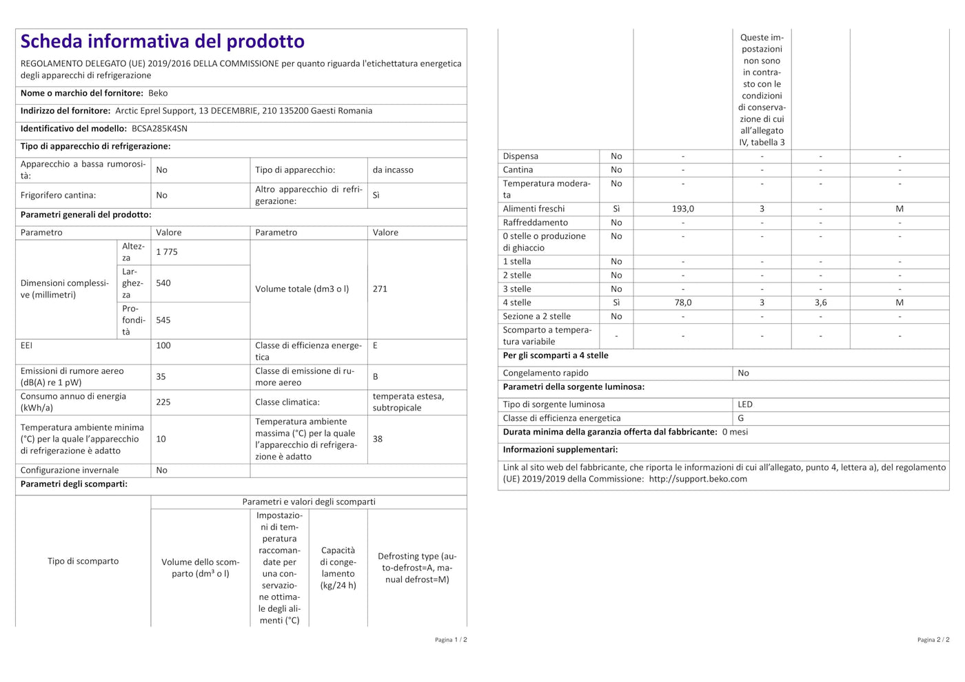 Beko BCSA285K4SN b100 integrierbare Kühl-/Gefrierkombination, 271 l Gesamtrauminhalt, Einbau-Kombination, MinFrost, Schlepptürtechnik, 35 dB, Weiß