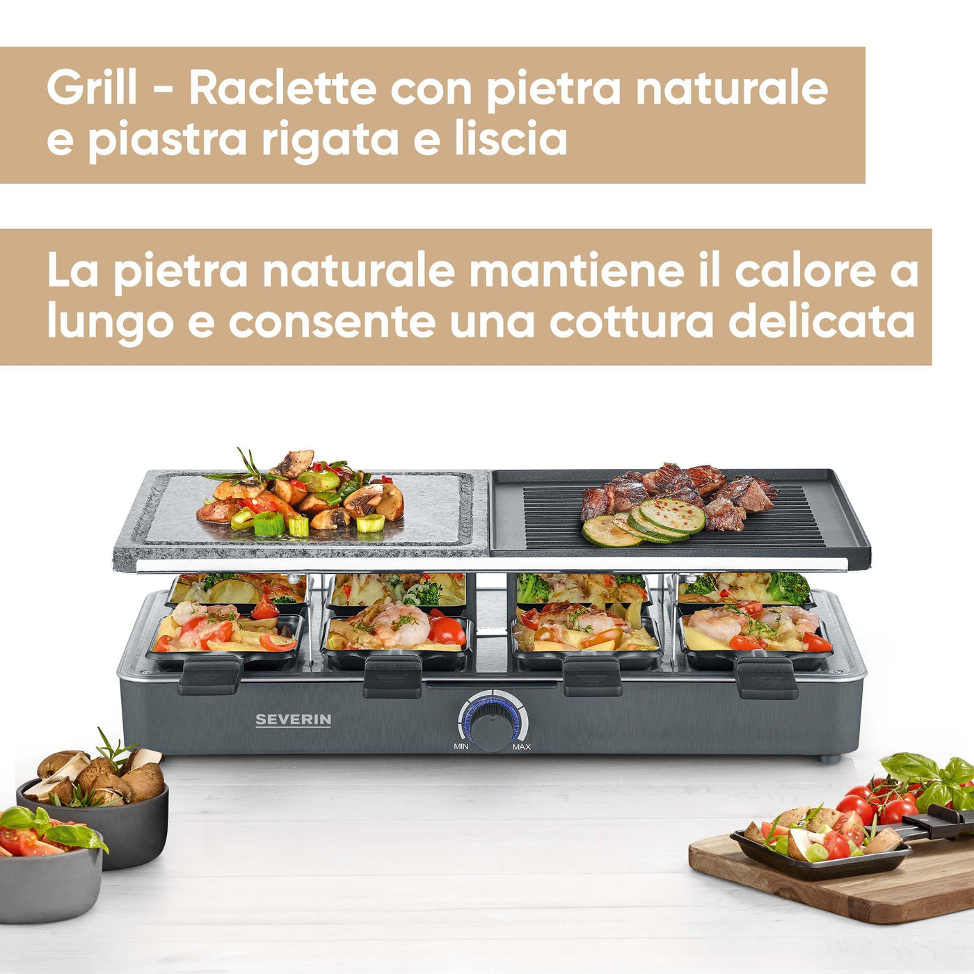 SEVERIN Raclette-Grill mit Naturgrillstein und Grillplatte, Raclette mit antihaftbeschichteter Grillplatte und 8 Pfännchen, Tischgrill für 8 Personen, max. 1300 W, schwarz, RG 2371