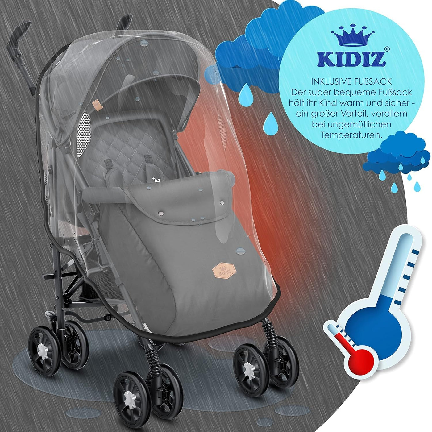 KIDIZ® Kinderwagen City-Pro Buggy Kinderbuggy klappbar Liegebuggy Sportwagen Faltbar 360° 6-Zoll-Rädern Inkl. Moskitonetz, Fußsack und Regenverdeck zusammenklappbar Schlaffunktion Anthrazit