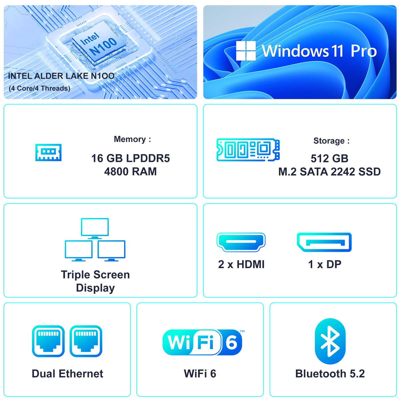 AIOEXPC Mini PC Ιntel Alder Lake N100,Mini PC Windows 11 Pro LPDDR5 16GB RAM 512GB SSD,WiFi6,BT5.2,Mini Desktop PC 2xHDMI,1xDP,4K UHD,Mini PC mit 3 RGB-Lichtmodi für Büro/Heim/Geschäft