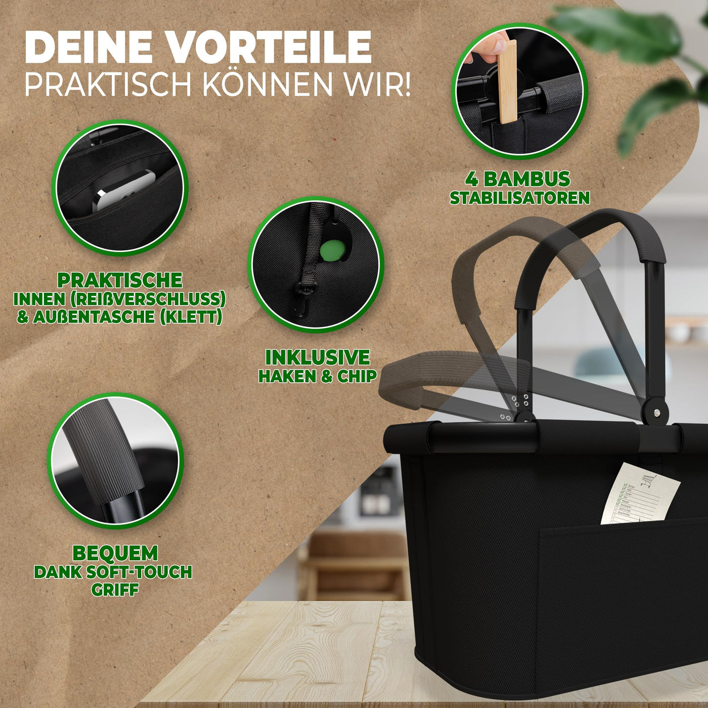 Cottara® stabiler Einkaufskorb groß | Tragekorb mit Henkel und verstärktem Boden, Frontfach und Innentasche mit Reißverschluss | Ideal als Einkaufstasche, Picknickkorb oder Shopper (Schwarz)