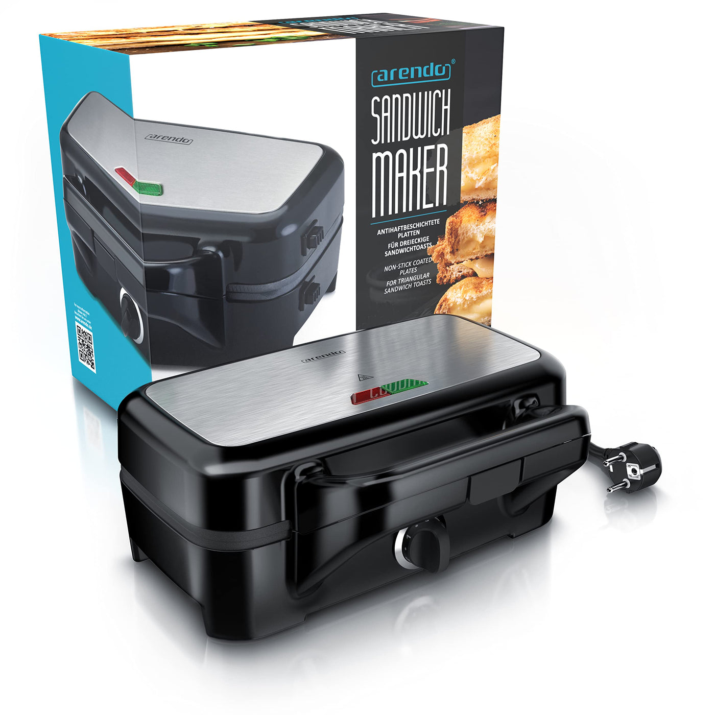 Arendo - Sandwichmaker 1200 W mit Antihaftbeschichtung - mit abnehmbaren Platten - spülmaschinentauglich - BPA frei - Temperaturkontrolle – Sandwich Maker - Sandwichtoaster für große Toasts