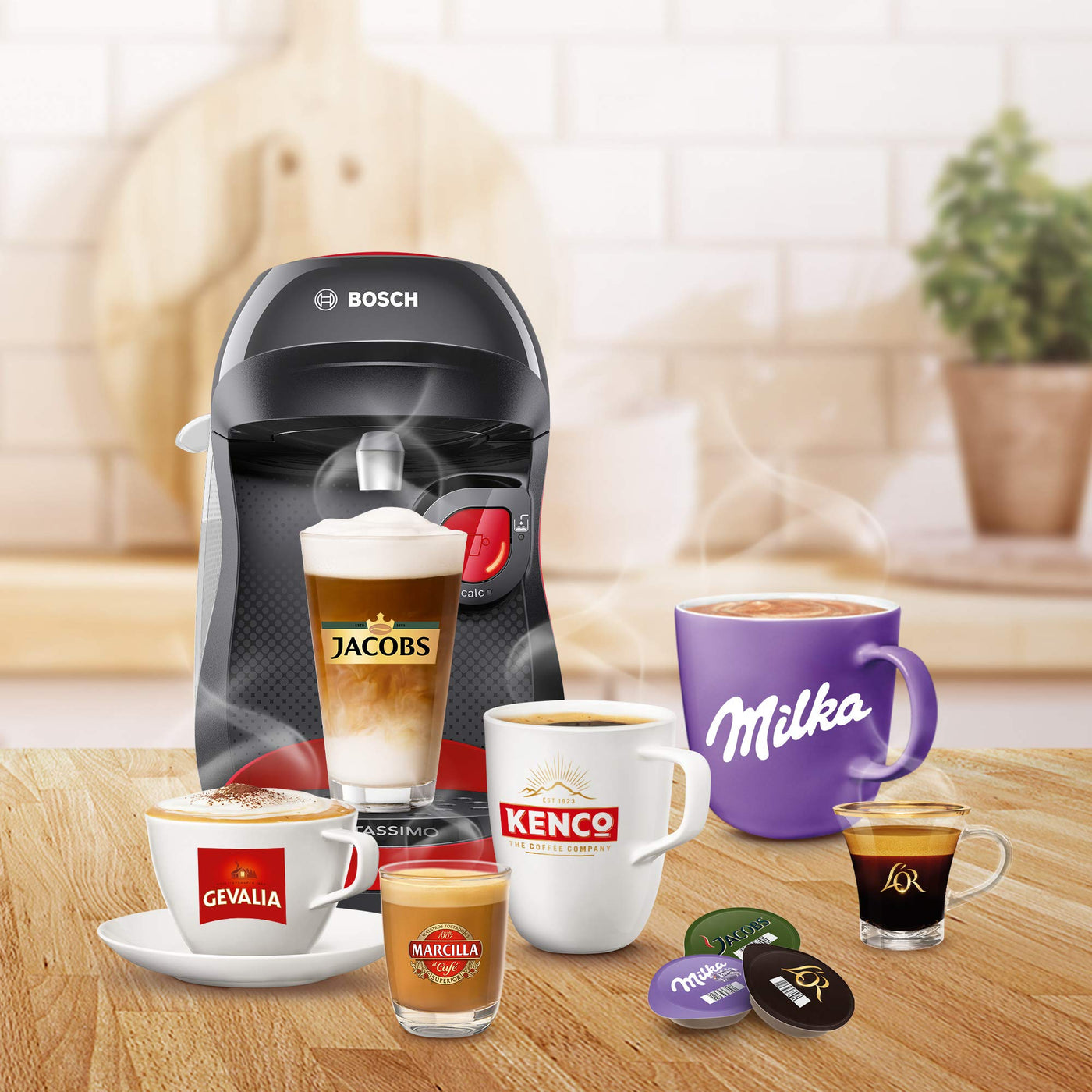 Bosch Tassimo Happy Kapselmaschine TAS1003 Kaffeemaschine by, 70 Getränke, vollautomatisch, geeignet für alle Tassen, platzsparend, 1400 W, rot