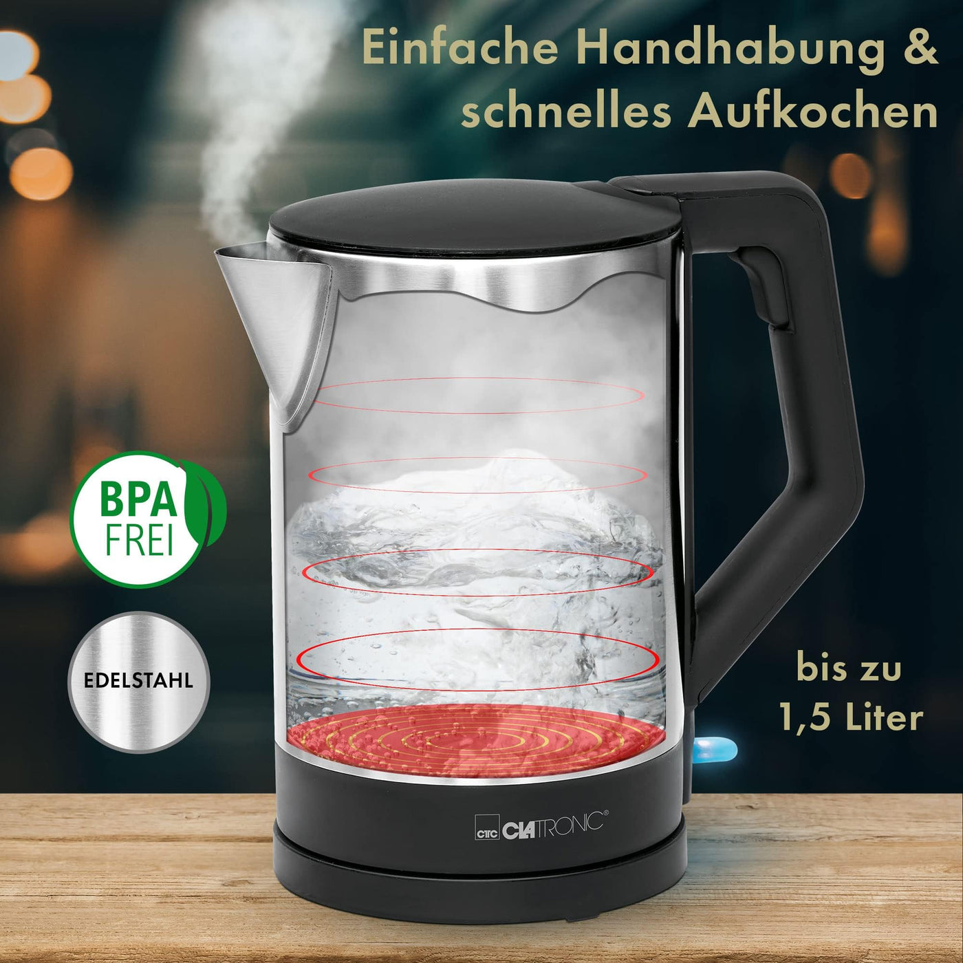 Clatronic® Wasserkocher | 1.5 Liter Füllmenge | Sicherheitsklappdeckel | 2200 W Leistung | verdecktes Heizelement | automatische Abschaltung | Basisstation mit Kabelaufwicklung | WKS 3692 black/inox