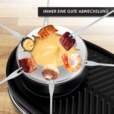 KESSER® 3in1 Raclette-Grill mit Naturgrillstein, Grillplatte und Fondue, Tischgrill für 8 Personen, Elektrogrill Raclette Grill antihaftbeschichteter Grillplatte, 8 Pfannen und Holzspatel