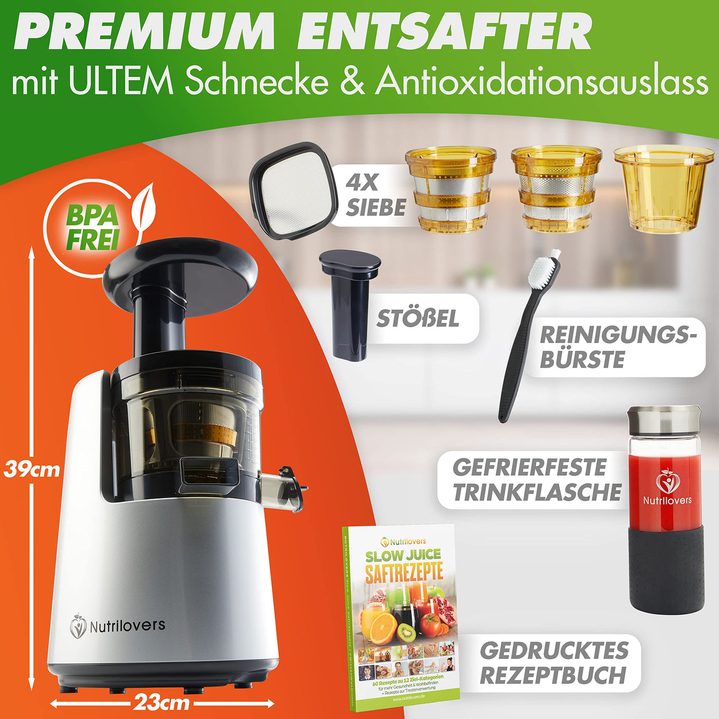 NUTRI-PRESS NO.1 Slow Juicer Profi Entsafter Testsieger Saftausbeute 3 Siebe Saft, Smoothie, Frucht-Eis Sehr leise, BPA-Frei - elektrische Saftpresse Obst Gemüse, Rezeptbuch, Flasche