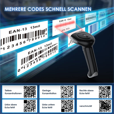 Eyoyo Bluetooth Barcode Scanner Kabellos, Handheld 1D 2D QR Code Scanner, 3 in 1 Verbindungsart USB Kabel & 2.4G Wireless Barcodescanner für Tablets, iPad Android, iOS, Phone oder PC(EY-034 Grau)