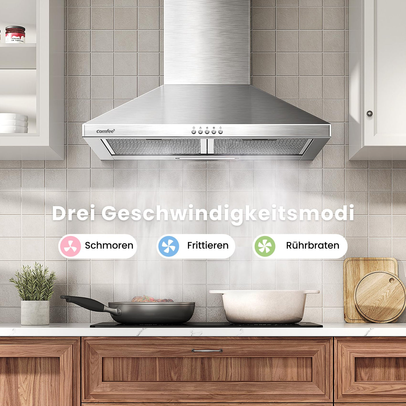 COMFEE' CHT 3.6B Dunstabzugshaube 60cm Umluft & Abluft, Wandhaube mit Aktivkohlefilter, 400m³/h Luftstrom, 5 Schichten Waschbarer Fettfilter, 3 Stufen, Einstellbarer Kamin, 1 LED-Licht, Silver