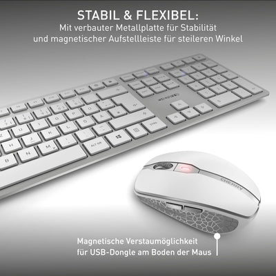 CHERRY DW 9100 SLIM, Kabelloses Tastatur- und Maus-Set, Pan-Nordisches Layout (QWERTY), Bluetooth & 2,4 GHz Funk, Leise Tasten, Wiederaufladbar, Weiß-Silber