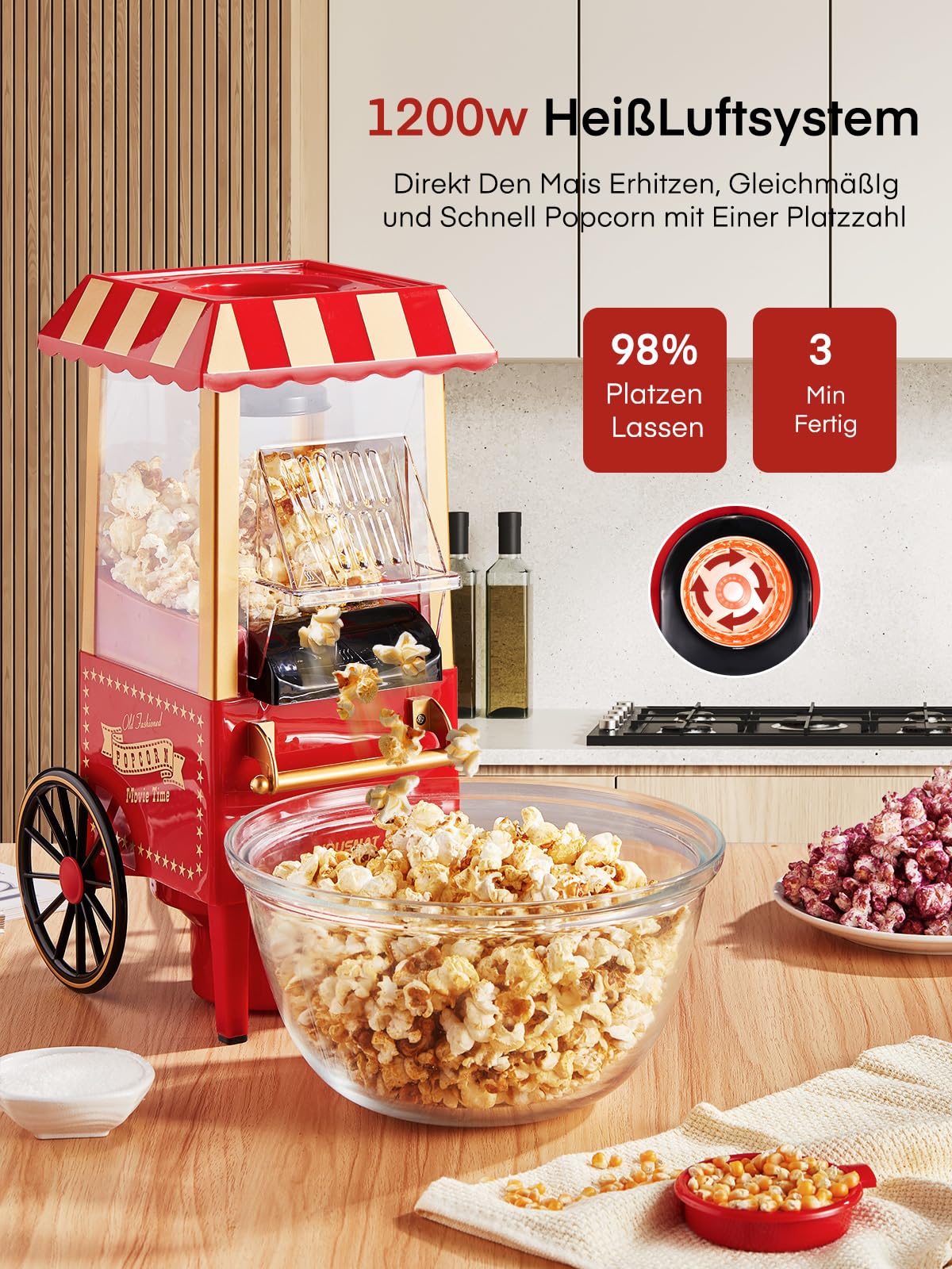 HOUSNAT Popcornmaschine Heissluft - Retro Klein Popcorn Maker -Fettfreies Ölfreies & Gesunder Maïs Snack - 1200W Popcorn Maschine für Zuhause - Filmabend & Weihnachten - Rot