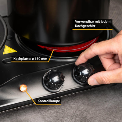 TZS First Austria Infrarot Keramik-Herdplatte doppelt | ALLE Topfarten | Doppelkochplatte 19cm / 16,5cm | Kochfeld für Umzug, Camping, Ferienwohnung - schnelles Aufheizen & stufenlose Einstellung