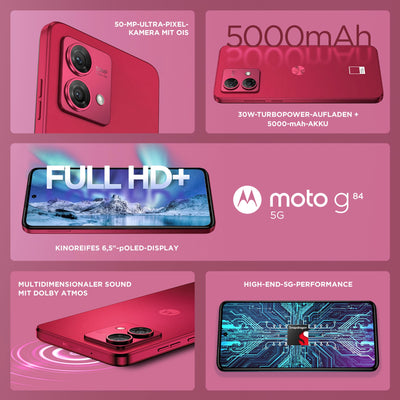 Motorola Mobility Moto g84 5G (6,5"-FHD+-Display, 50-MP-Dual-Kamera, 12/256 GB, 5000 mAh, Android 13) Viva Magenta (veganes Kunstleder), inkl. Schutzcover [Exklusiv bei Amazon]