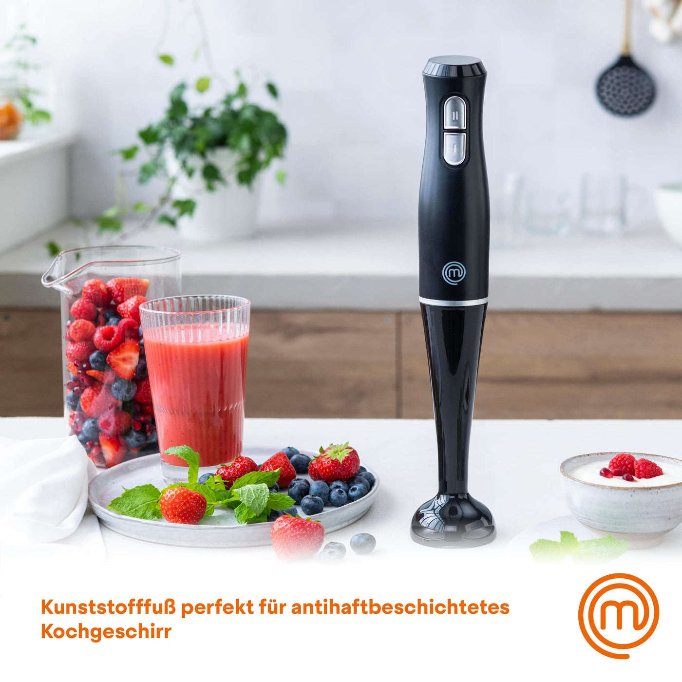 MasterChef Stabmixer, Pürierstab mit Spritzschutz, Zauberstab Küchengerät, Elektrische Mixstab Hand Blender mit 2 Geschwindigkeiten, Eintauchfunktion, Spülmaschinenfeste Komponenten, 200W, Schwarz